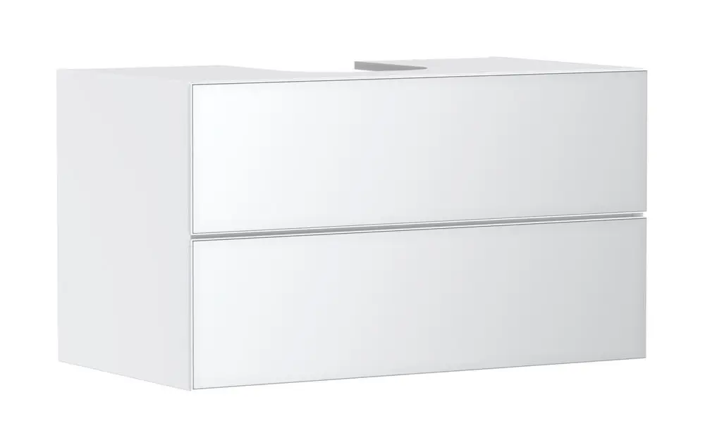 Weißer Waschtischunterschrank mit zwei Schubkästen von Hansgrohe, geeignet für einen Konsolen-Aufsatzwaschtisch, schlichtes Design, geriffelte Front.